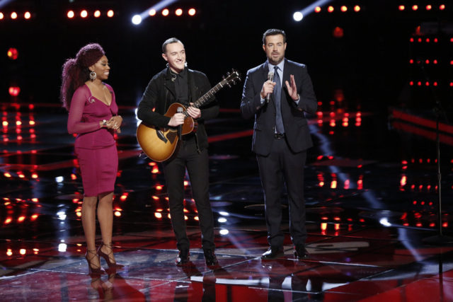 The Voice 11 Top 12 Results Live Blog and Recap -- Pictured: (l-r) Sa'Rayah, Aaron Gibson, Carson Daly -- (Photo by: Tyler Golden/NBC)