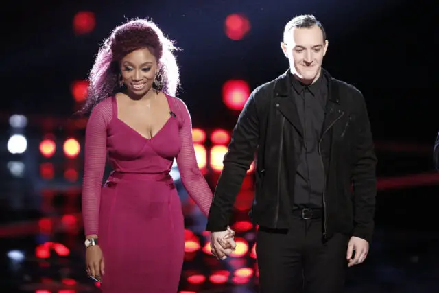 THE VOICE -- "Live Top 12" Episode 1114B -- Pictured: (l-r) Sa'Rayah, Aaron Gibson -- (Photo by: Tyler Golden/NBC)