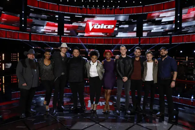 THE VOICE -- "Live Top 11" Episode: 1115B -- Pictured: (l-r) Sundance Head, Courtney Harrell, Austin Allsup, Christian Cuevas, We McDonald, Ali Caldwell, Aaron Gibson, Brendan Fletcher, Billy Gilman, Josh Gallagher -- (Photo by: Trae Patton/NBC)