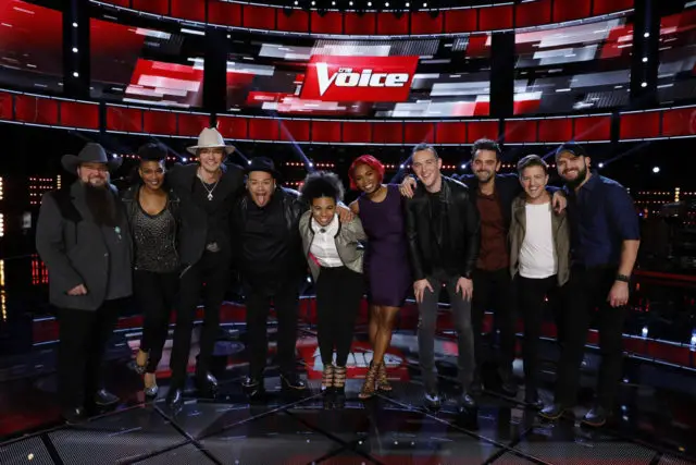 THE VOICE -- "Live Top 11" Episode: 1115B -- Pictured: (l-r) Sundance Head, Courtney Harrell, Austin Allsup, Christian Cuevas, We McDonald, Ali Caldwell, Aaron Gibson, Brendan Fletcher, Billy Gilman, Josh Gallagher -- (Photo by: Trae Patton/NBC)