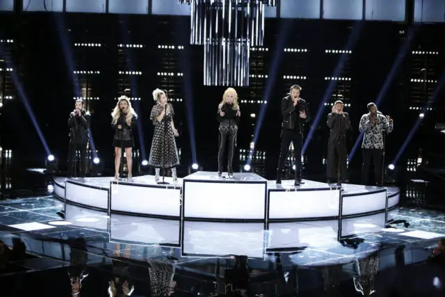 THE VOICE -- "Live Top 10" Episode 1116B -- Pictured: (l-r) Pentatonix, Miley Cyrus (left center), Dolly Parton (Center) -- (Photo by: Tyler Golden/NBC)