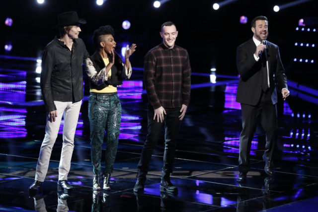 THE VOICE -- "Live Top 10" Episode 1116B -- Pictured: (l-r) Austin Allsup, Courtney Harrell, Aaron Gibson, Carson Daly -- (Photo by: Tyler Golden/NBC)