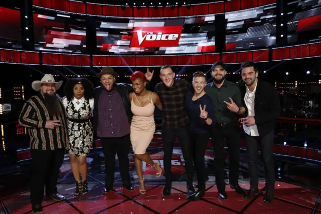 THE VOICE -- "Live Top 10" Episode: 1116B -- Pictured: (l-r) Sundance Head, We McDonald, Christian Cuevas, Ali Caldwell, Aaron Gibson, Billy Gilman, Josh Gallagher, Brendan Fletcher -- (Photo by: Trae Patton/NBC)