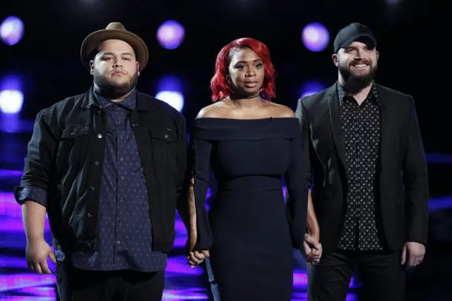 THE VOICE -- "Live Semi Finals" Episode 1117B -- Pictured: (l-r) Christian Cuevas, Ali Caldwell, Josh Gallagher -- (Photo by: Tyler Golden/NBC)