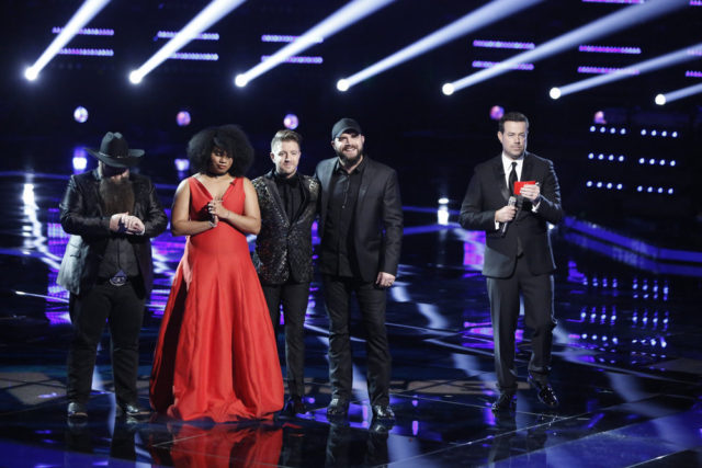 THE VOICE -- "Live Finale" Episode 1118B -- Pictured: (l-r) Sundance Head, We McDonald, Billy Gilman, Josh Gallagher, Carson Daly -- (Photo by: Tyler Golden/NBC)