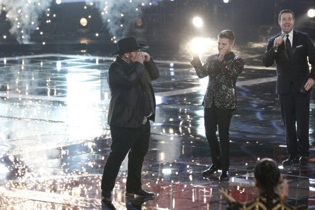 THE VOICE -- "Live Finale" Episode 1118B -- Pictured: (l-r) Sundance Head, Billy Gilman, Carson Daly -- (Photo by: Tyler Golden/NBC)