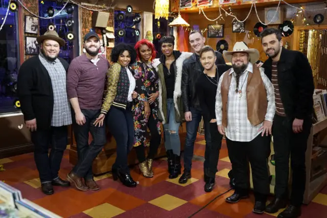 THE VOICE -- "Top 8 Reality" Episode 1117 -- Pictured: (l-r) Christian Cuevas, Josh Gallagher, We McDonald, Ali Caldwell, Jennifer Hudson, Aaron Gibson, Billy Gilman, Sundance Head, Brendan Fletcher -- (Photo by: Paul Drinkwater/NBC)