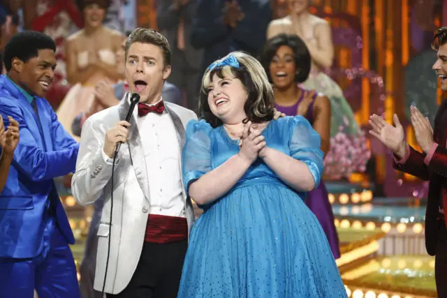 HAIRSPRAY LIVE! -- Pictured: (l-r) Derek Hough as Corny Collins, Maddie Baillio as Tracy Turnblad -- (Photo by: Justin Lubin/NBC)