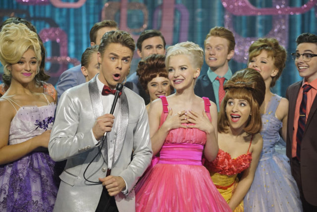 HAIRSPRAY LIVE! -- Pictured: (l-r) Derek Hough as Corny Collins, Dove Cameron as Amber Von Tussle -- (Photo by: Paul Drinkwater/NBC)