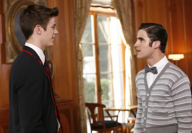 GLEE: Blaine (Darren Criss, R) chats with Sebastian (Grant Gustin, L) in "The First Time" episode of GLEE airing Tuesday, Nov. 8 (8:00-9:00 PM ET/PT) on FOX. ©2011 Fox Broadcasting Co. Cr: Beth Dubber/FOX