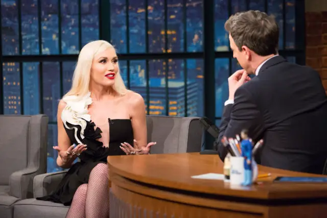 LATE NIGHT WITH SETH MEYERS -- Episode 493 -- Pictured: (l-r) Gwen Stefani during an interview with host Seth Meyers on February 21, 2017 -- (Photo by: Lloyd Bishop/NBC)