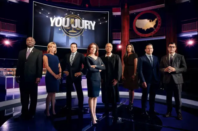 YOU THE JURY: For the first time ever, the new unscripted series YOU THE JURY will give the biggest jury pool in history – America – the power to decide the outcome of some of the most explosive, real-life, ripped-from-the-headline civil cases. With FOX News’ Jeanine Pirro hosting, six top attorneys who’ve represented some of the nation’s biggest celebrities will argue their cases each week for America’s vote. Every vote counts on YOU THE JURY premiering Friday, April 7 (9:00-10:00 PM ET/PT) on FOX. CR: FOX. Pictured: L-R: Benjamin L. Crump, Charla Aldous, Joe Tacopina, Jeanine Pirro, LaDoris Cordell, Areva Martin, Jose Baez and Mike Cavalluzzi. © 2017 FOX Broadcasting Co.