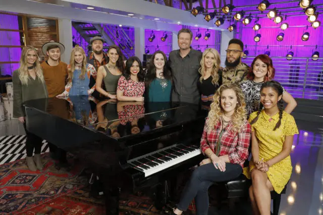 THE VOICE -- "Team Blake Battle Reality" -- Pictured: (l-r) Lauren Duski, Dawson Coyle, Brennley Brown, Josh Hoyer, Micah Clare Tryba, Valerie Ponzio, Enid Ortiz, Blake Shelton, Andrea Thomas, TSoul, Ashley Levin, Casi Joy, Aliyah Moulden -- (Photo by: Trae Patton/NBC)