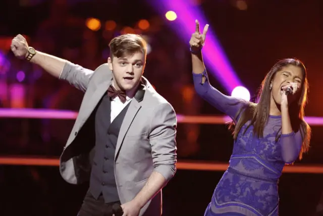 THE VOICE -- "Battle Rounds" -- Pictured: (l-r) Dawson Coyle, Aliyah Moulden -- (Photo by: Tyler Golden/NBC)