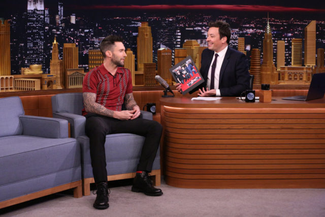 THE TONIGHT SHOW STARRING JIMMY FALLON -- Episode 639 -- Pictured: (l-r) Adam Levine during an interview with host Jimmy Fallon on March 14, 2017 -- (Photo by: Andrew Lipovsky/NBC)