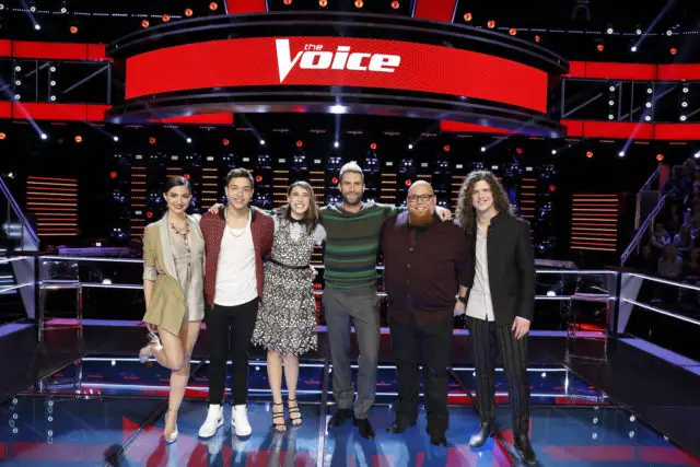 THE VOICE -- "Knockout Rounds" -- Pictured: (l-r) Lilli Passero, Mark Isaiah, Hanna Eyre, Adam Levine, Jesse Larson, Josh West -- (Photo by: Trae Patton/NBC)