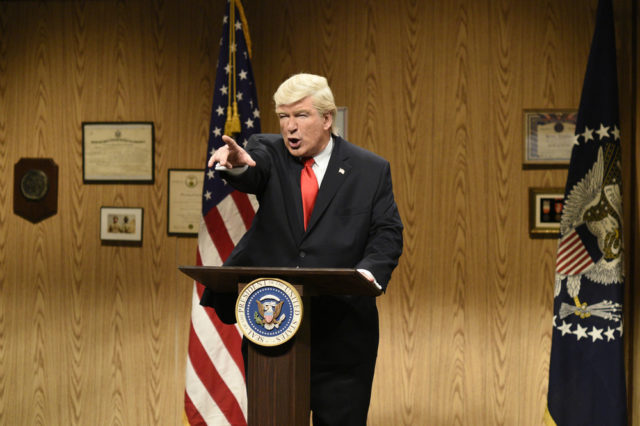 SATURDAY NIGHT LIVE -- "Louis C.K." Episode 1721 -- Pictured: Alec Baldwin as President Donald Trump during the "Trump People's Cold Open" on April 8, 2017 -- (Photo by: Will Heath/NBC)