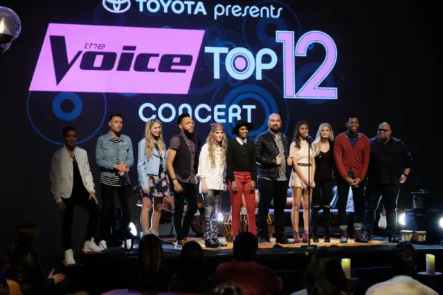 THE VOICE -- "Top 12 Toyota Performance" -- Pictured: (l-r) Mark Isaiah, Hunter Plake, Brennley Brown, TSoul, Stephanie Rice, Vanessa Ferguson, Troy Ramey, Aliyah Moulden, Lauren Duski, Chris Blue, Jesse Larson -- (Photo by: Tyler Golden/NBC)