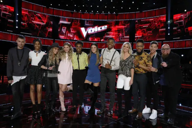 THE VOICE -- "Live Top 12" Episode: 1215B -- Pictured: (l-r) Hunter Plake, Aliyah Moulden, Stephanie Rice, Brennley Brown, Vanessa Ferguson, Lilli Passero, Chris Blue, Lauren Duski, TSoul, Mark Isaiah, Jesse Larson -- (Photo by: Trae Patton/NBC)