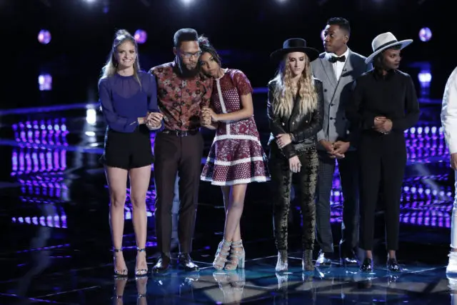 THE VOICE -- "Live Top 11" Episode 1216B -- Pictured: (l-r) Lauren Duski, TSoul, Aliyah Moulden, Stephanie Rice, Chris Blue, Vanessa Ferguson -- (Photo by: Tyler Golden/NBC)