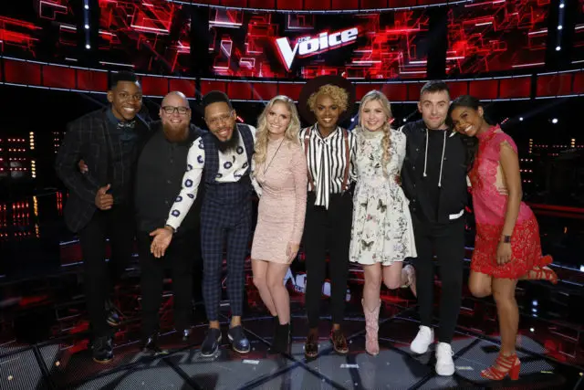 THE VOICE -- "Live Top 10" Episode: 1217B -- Pictured: (l-r) Chris Blue, Jesse Larson, TSoul, Lauren Duski, Vanessa Ferguson, Brennley Brown, Hunter Plake, Aliyah Moulden -- (Photo by: Trae Patton/NBC)