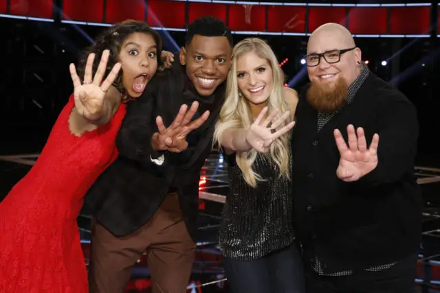 THE VOICE -- "Live Semi Finals" Episode: 1218B -- Pictured: (l-r) Aliyah Moulden, Chris Blue, Lauren Duski, Jesse Larson -- (Photo by: Trae Patton/NBC)