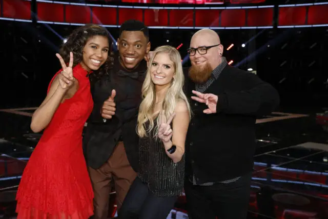 THE VOICE -- "Live Semi Finals" Episode: 1218B -- Pictured: (l-r) Aliyah Moulden, Chris Blue, Lauren Duski, Jesse Larson -- (Photo by: Trae Patton/NBC)