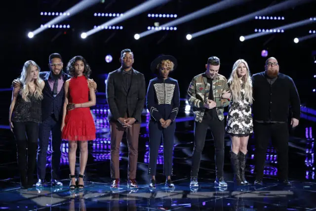 THE VOICE -- "Live Semi Finals" Episode 1218B -- Pictured: (l-r) Lauren Duski, TSoul, Aliyah Moulden, Chris Blue, Vanessa Ferguson, Hunter Plake, Brennley Brown, Jesse Larson -- (Photo by: Tyler Golden/NBC)