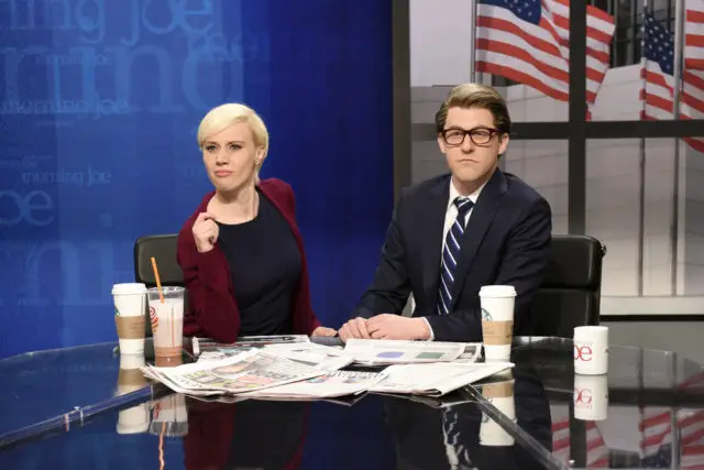 SATURDAY NIGHT LIVE -- "Chris Pine" Episode 1723 -- Pictured: (l-r) Kate McKinnon as Mika Brzezinski, Alex Moffat as Joe Scarborough "Morning Joe Cold Open" in studio 8H on May 6, 2017 -- (Photo by: Will Heath/NBC)