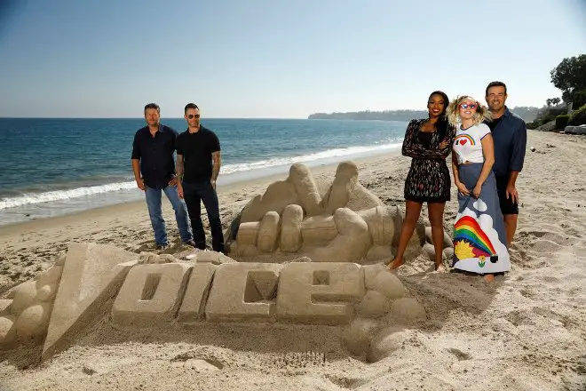 THE VOICE -- "Press Junket" -- Coaches Blake Shelton, Adam Levine, Jennifer Hudson, Miley Cyrus and host Carson Daly bond and enjoy a day at the beach on a picturesque Southern California afternoon. NBC?s three-time Emmy Award-winning series ?The Voice? returns for its 13th season on Monday, Sept. 25 (8-10 p.m. ET/PT) -- (Photo by: Trae Patton/NBC)