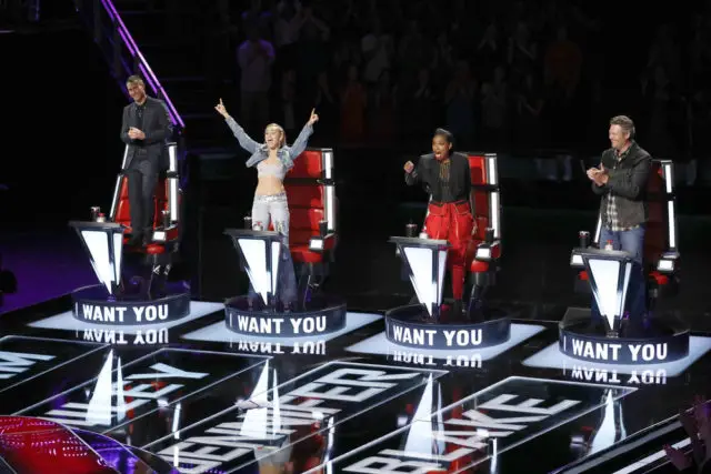 THE VOICE -- "Blind Auditions" -- Pictured: (l-r) Adam Levine, Miley Cyrus, Jennifer Hudson, Blake Shelton -- (Photo by: Trae Patton/NBC)