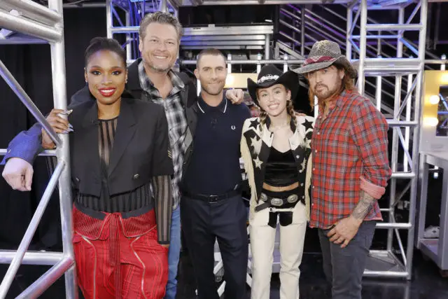 THE VOICE -- "Blind Auditions" Episode 1302 -- Pictured: (l-r) Jennifer Hudson, Blake Shelton, Adam Levine, Miley Cyrus, Billy Ray Cyrus -- (Photo by: Trae Patton/NBC)