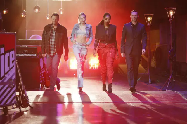 THE VOICE -- "Blind Auditions" Episode 1301 -- Pictured: (l-r) Blake Shelton, Miley Cyrus, Jennifer Hudson, Adam Levine -- (Photo by: Trae Patton/NBC)