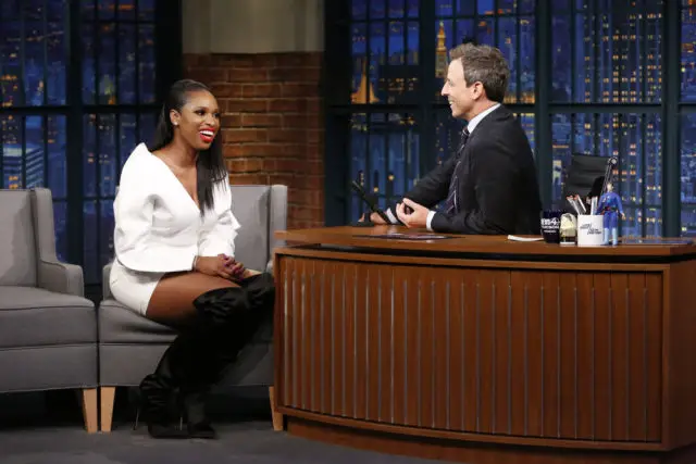 LATE NIGHT WITH SETH MEYERS -- Episode 586 -- Pictured: (l-r) Actress Jennifer Hudson talks to host Seth Meyers during an interview on September 28, 2017 -- (Photo by: Lloyd Bishop/NBC)