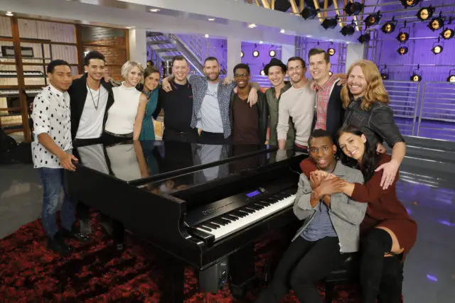 THE VOICE -- "Battle Reality" -- Pictured: (l-r) Brandon Brown, Anthony Alexander, Emily Luther, Whitney Fenimore, Gary Carpentier, Adam Levine, Brandon Showell, Michael Kight, Dylan Gerard, Dave Crosby, Jon Mero, Adam Pearce, Hannah Mrozak -- (Photo by: Trae Patton/NBC)