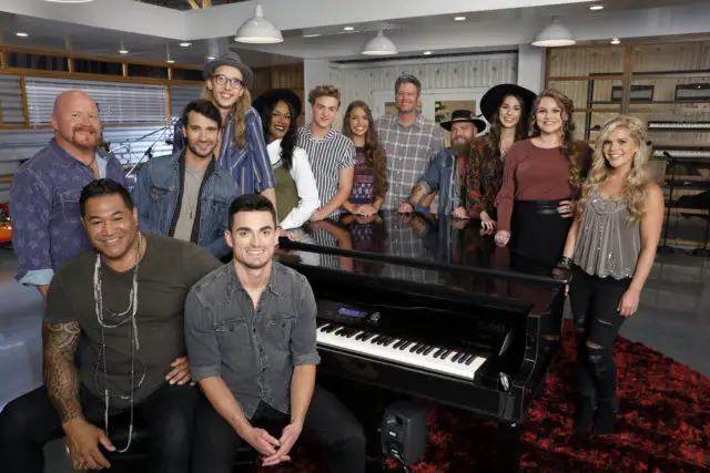 THE VOICE -- "Battle Reality" -- Pictured: (l-r) Red Marlow, Esera Tuaolo, Mitchell Lee, Dennis Drummond, Ryan Scripps, Keisha Renee, Noah Mac, Rebecca Brunner, Blake Shelton, Adam Cunningham, Kristi Hoopes, Anna Catherine Dehart, Natalie Stovall -- (Photo by: Trae Patton/NBC)