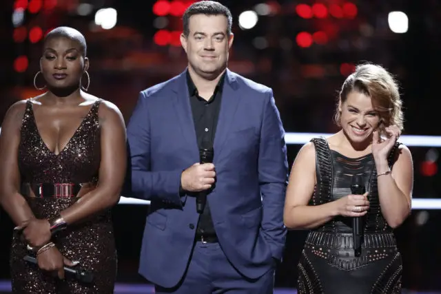 THE VOICE -- "Battle Rounds" -- Pictured: (l-r) Janice Freeman, Carson Daly, Katrina Rose -- (Photo by: Tyler Golden/NBC)