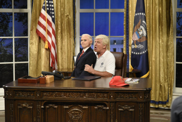 SATURDAY NIGHT LIVE -- "Ryan Gosling" Episode 1726 -- Pictured: (l-r) Kate McKinnon as Attorney General Jeff Sessions, Alec Baldwin as President of the United States Donald Trump during "Cold Open" in studio 8H on September 30, 2017 -- (Photo by: Will Heath/NBC)