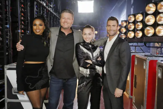 THE VOICE -- "Playoff Rounds" -- Pictured: (l-r) Jennifer Hudson, Blake Shelton, Miley Cyrus, Adam Levine -- (Photo by: Trae Patton/NBC)