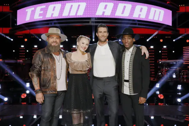 THE VOICE -- "Playoff Rounds" -- Pictured: (l-r) Adam Cunningham, Addison Agen, Adam Levine, Jon Mero -- (Photo by: Trae Patton/NBC)