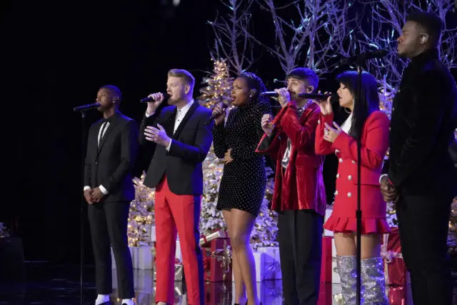 A VERY PENTATONIX CHRISTMAS SPECIAL -- Pictured:(l-r) Matt Sallee, Scott Hoying, Jennifer Hudson, Mitch Grassi, Kirstin Maldonado, Kevin Olusola -- (Photo by: Chris Haston/NBC)