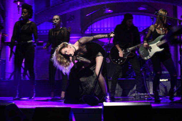 SATURDAY NIGHT LIVE -- Episode 1729 -- Pictured: (l-r) Miley Cyrus performs "Bad Mood" in Studio 8H on Saturday, November 4, 2017 -- (Photo by: Will Heath/NBC)