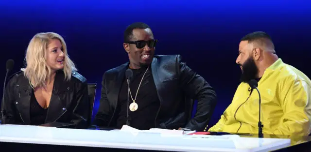 THE FOUR: BATTLE FOR STARDOM: L-R: Meghan Trainor, Sean “Diddy” Combs and DJ Khaled in the “Week Two” episode of FOX’s all-new singing competition series, THE FOUR: BATTLE FOR STARDOM airing Thursday, Jan. 11 (8:00-10:00 PM ET/PT) on FOX. CR: Michael Becker / FOX. © 2018 FOX Broadcasting.