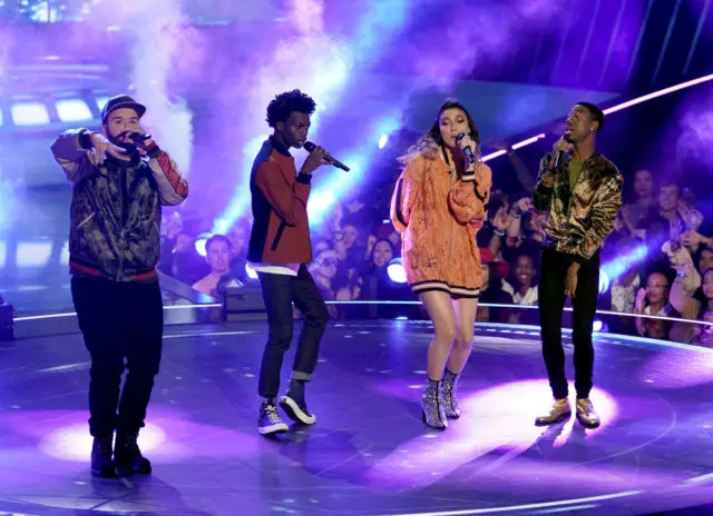 THE FOUR: BATTLE FOR STARDOM: L-R: Contestants Nick Harrison, Tim Johnson, Jr., Kendyle Paige and Jason Warrior in the “Week Five” episode of FOX’s all-new singing competition series, THE FOUR: BATTLE FOR STARDOM airing Thursday, Feb. 1 (8:00-10:00 PM ET/PT) on FOX. CR: FOX. © 2018 FOX Broadcasting.