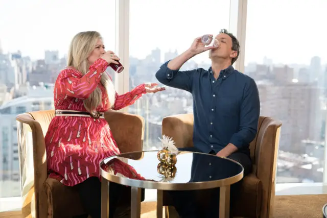 LATE NIGHT WITH SETH MEYERS -- Episode 645 -- Pictured: (l-r) during "Seth and Kelly Clarkson Go Day-Drinking" on February 1, 2018 -- (Photo by: Lloyd Bishop/NBC)