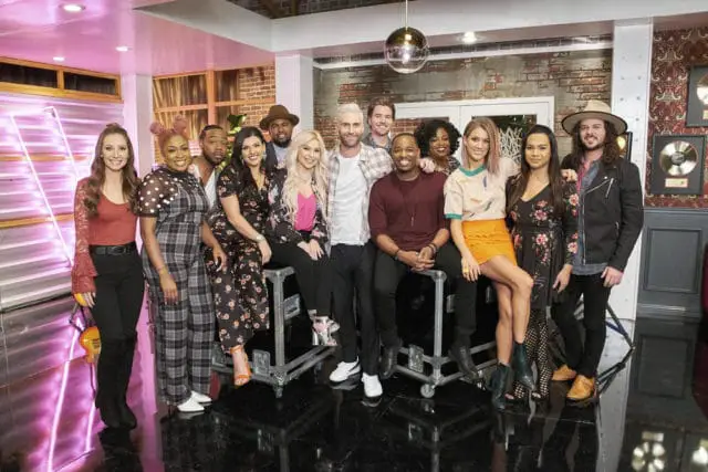 THE VOICE -- "Battle Reality" -- Pictured: Team Adam (l-r) Jackie Verna, Miya Bass, Davison, Mia Boostrom, Gary Edwards, Genesis Diaz, Adam Levine, Reid Umstattd, Rayshun Lamarr, Tish Haynes Keys, Stephanie Skipper, Angel Bonilla, Drew Cole -- (Photo by: Tyler Golden/NBC)