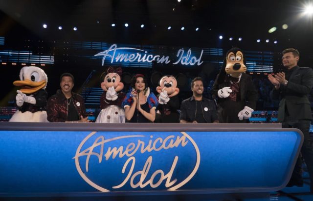 AMERICAN IDOL - "115 (Top 10 - Disney Night)" - "American Idol" heads to the happiest place on earth, Disneyland Resort, then returns to the Idol stage with a sprinkle of magic to perform fan-favorite Disney songs, as the search for AmericaÕs next superstar continues on its new home on AmericaÕs network, The ABC Television Network, SUNDAY, APRIL 29 (8:00-10:01 p.m. EDT/5:00-7:01 p.m. PDT). (ABC/Eric McCandless) DONALD DUCK, LIONEL RICHIE, MINNIE MOUSE, KATY PERRY, MICKEY MOUSE, LUKE BRYAN, GOOFY, RYAN SEACREST