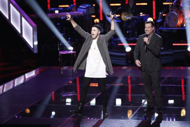 THE VOICE -- "Knockout Rounds" -- Pictured: (l-r) Dylan Hartigan, Carson Daly -- (Photo by: Tyler Golden/NBC)