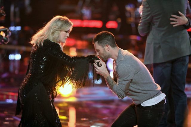 THE VOICE -- "Live Playoffs" Episode 1414A -- Pictured: (l-r) Kelly Clarkson, Adam Levine -- (Photo by: Tyler Golden/NBC)