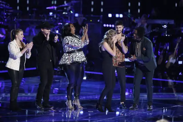 THE VOICE -- "Live Playoffs" Episode 1414A -- Pictured: (l-r) Alexa Cappella, Kaleb Lee, Tish Haynes Keys, Brynn Cartel, Dylan Hartigan, D.R. King -- (Photo by: Tyler Golden/NBC)